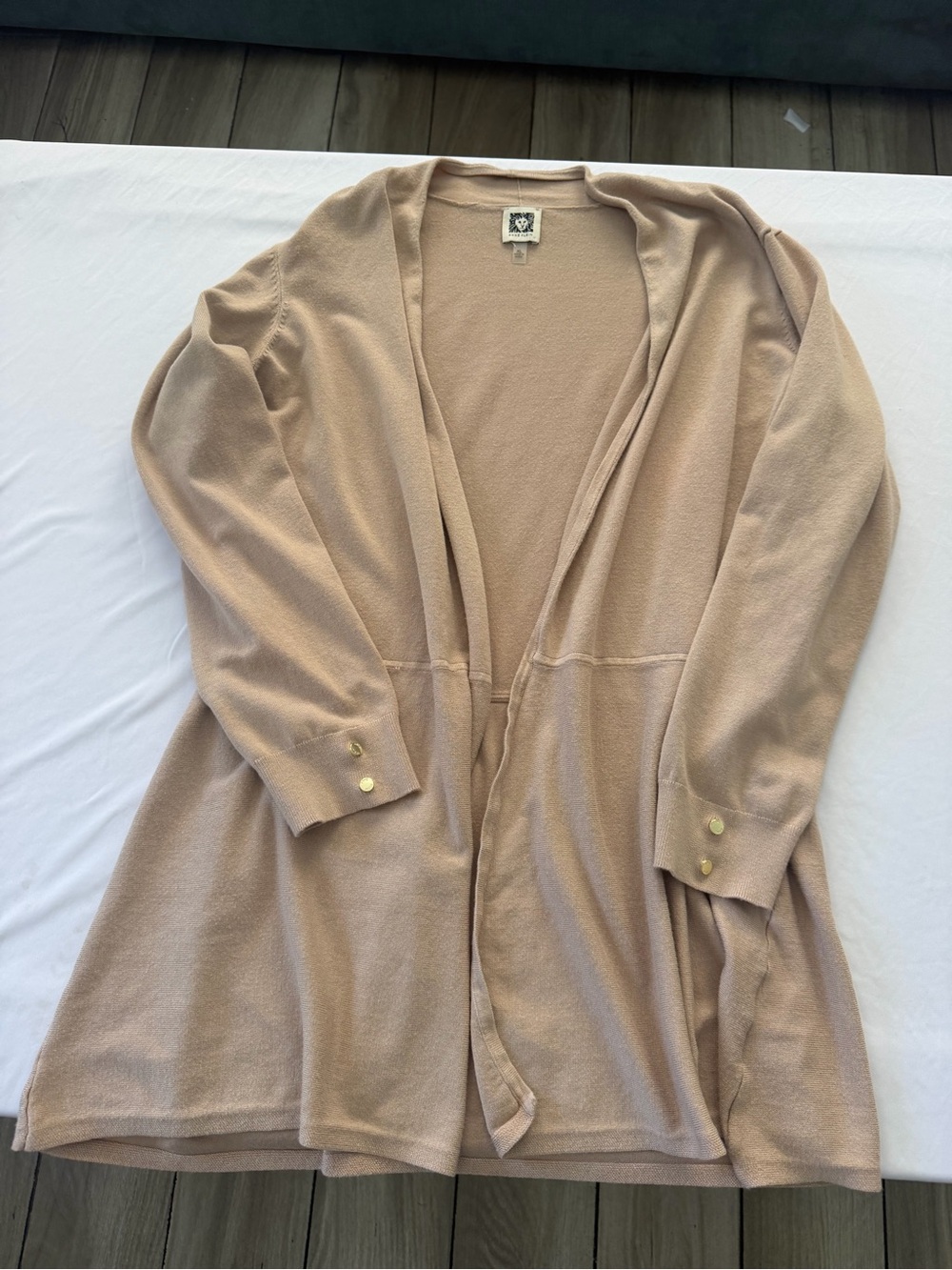 Anne Klein Beige Open-Front Longline Cardigan with Gold Buttons